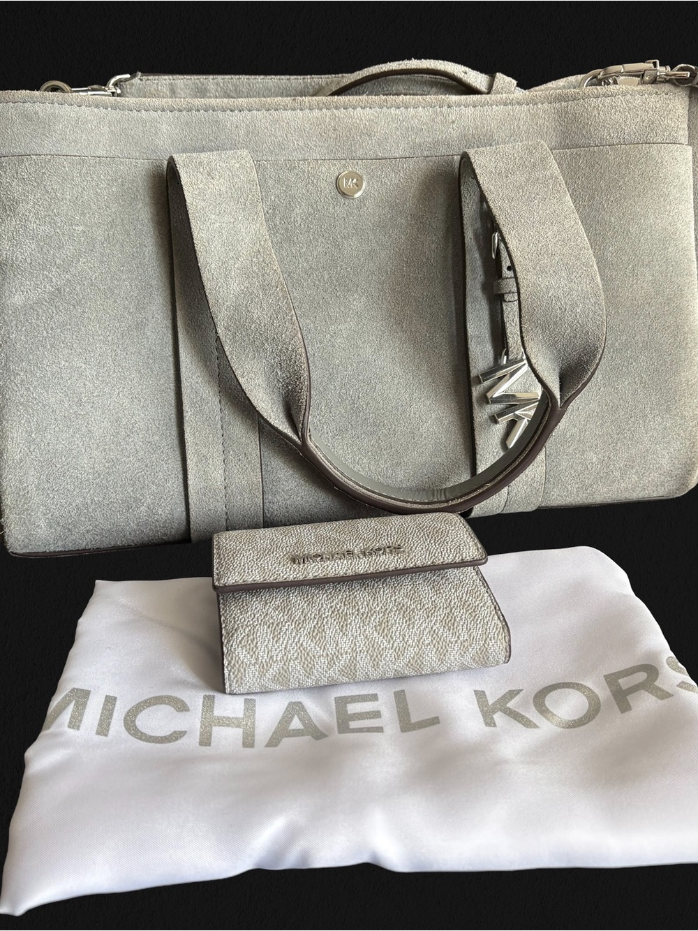 Michael Kors Metallic Silver Suede Tote with Matching Wallet